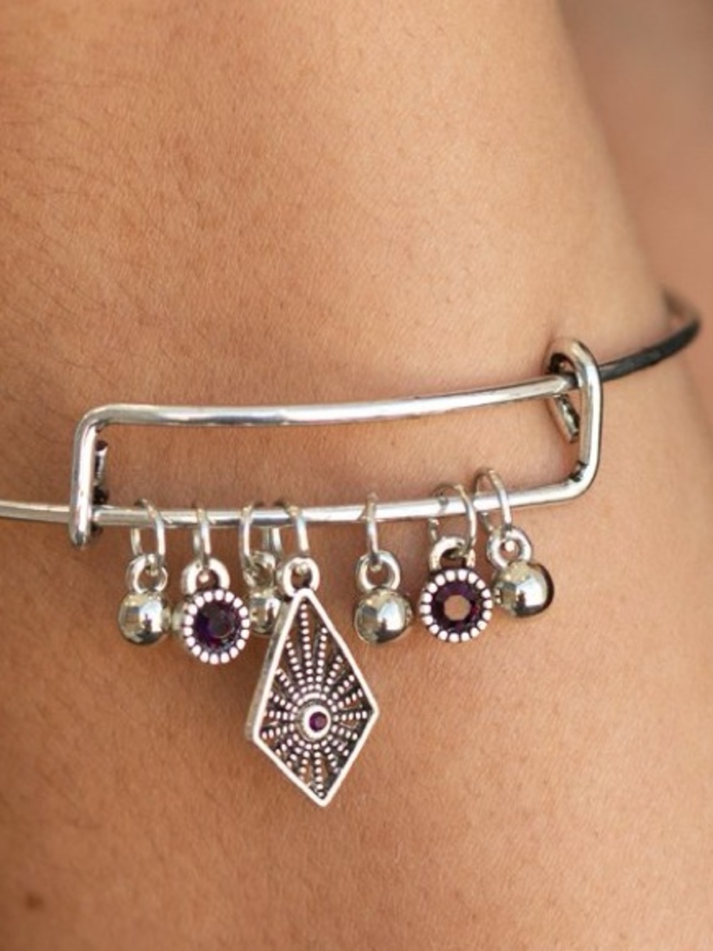 Purple rhinestone silver charm bracelet